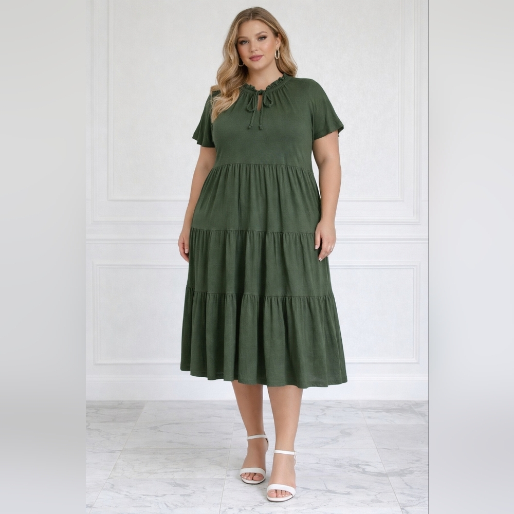 Forest Green Tiered Midi Dress Size 1X | Boho Cottagecore Casual T Tahari - Picture 1 of 10